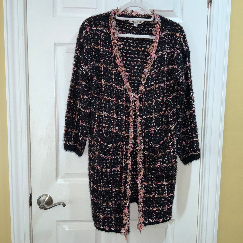 Davi & Dani open front tweed duster cardigan Sz M patch pockets fringe trim